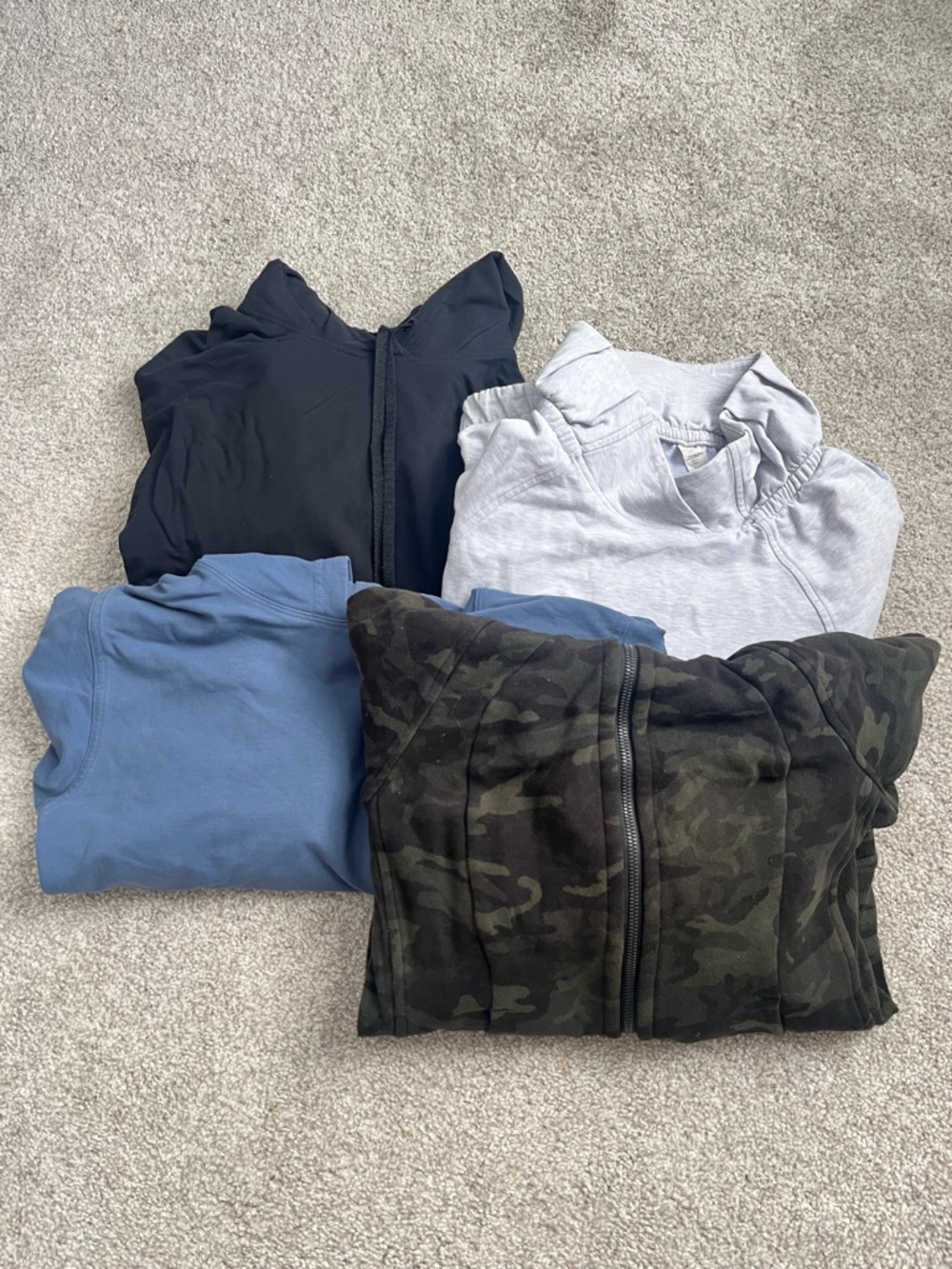Bundle of Lululemon Sweatshirts - Black, Heather Gray, Blue, Camouflage